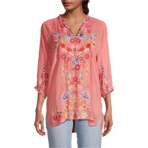 F. Johnny Was 2X Tunic Multicolor Embroidered Sleeve V Neck NWT $295